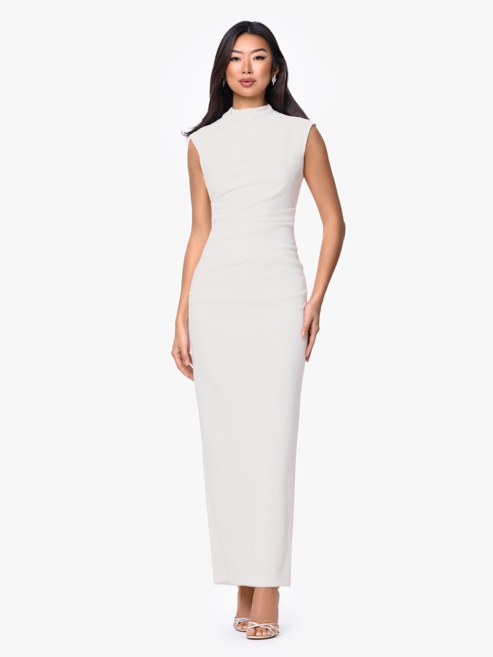Betsy & Adam Katalina Scuba Crepe Ruched Mock Neck Formal Dress Size 8 White